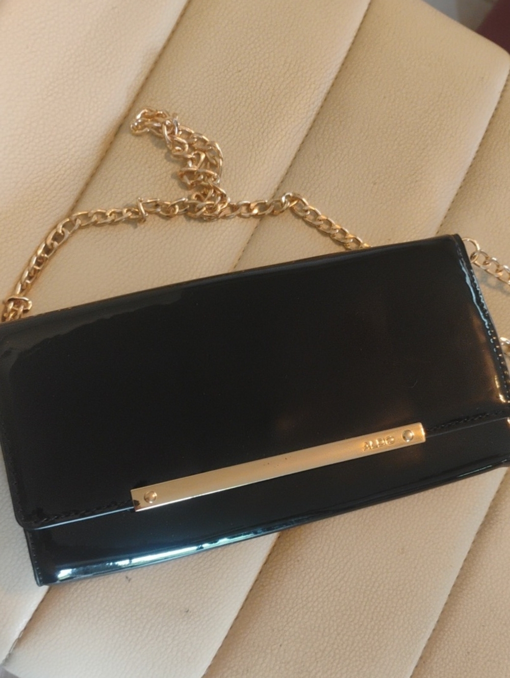 Aldo Patent Leather Clutch With Gold Tone Chain